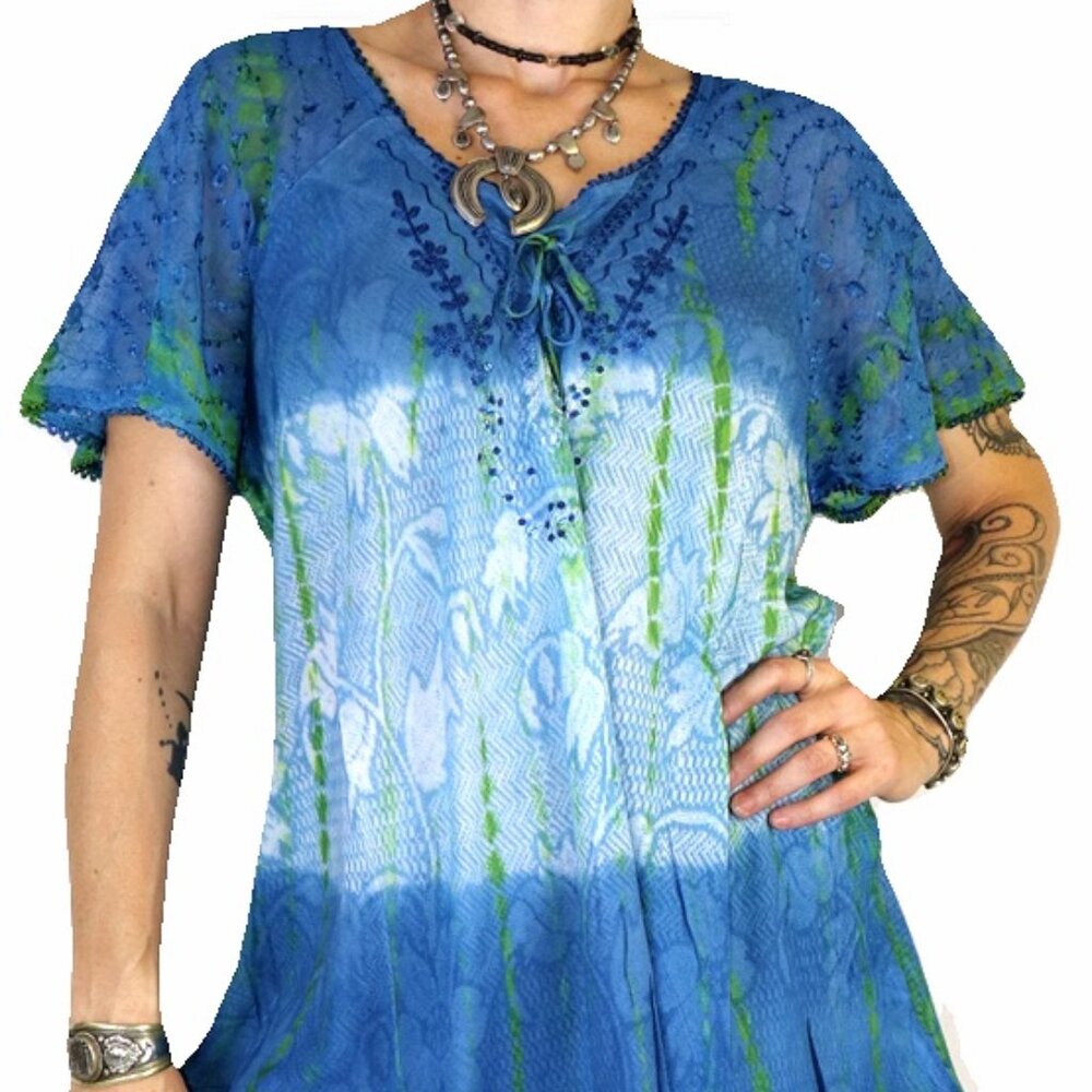 Evenlyn Blue White Comfy tie dye Hippie Boho womens top